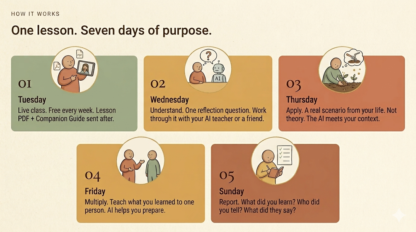 How It Works: One lesson, seven days of purpose. Tuesday live Zoom, Wednesday understand, Thursday apply, Friday multiply, Sunday report.